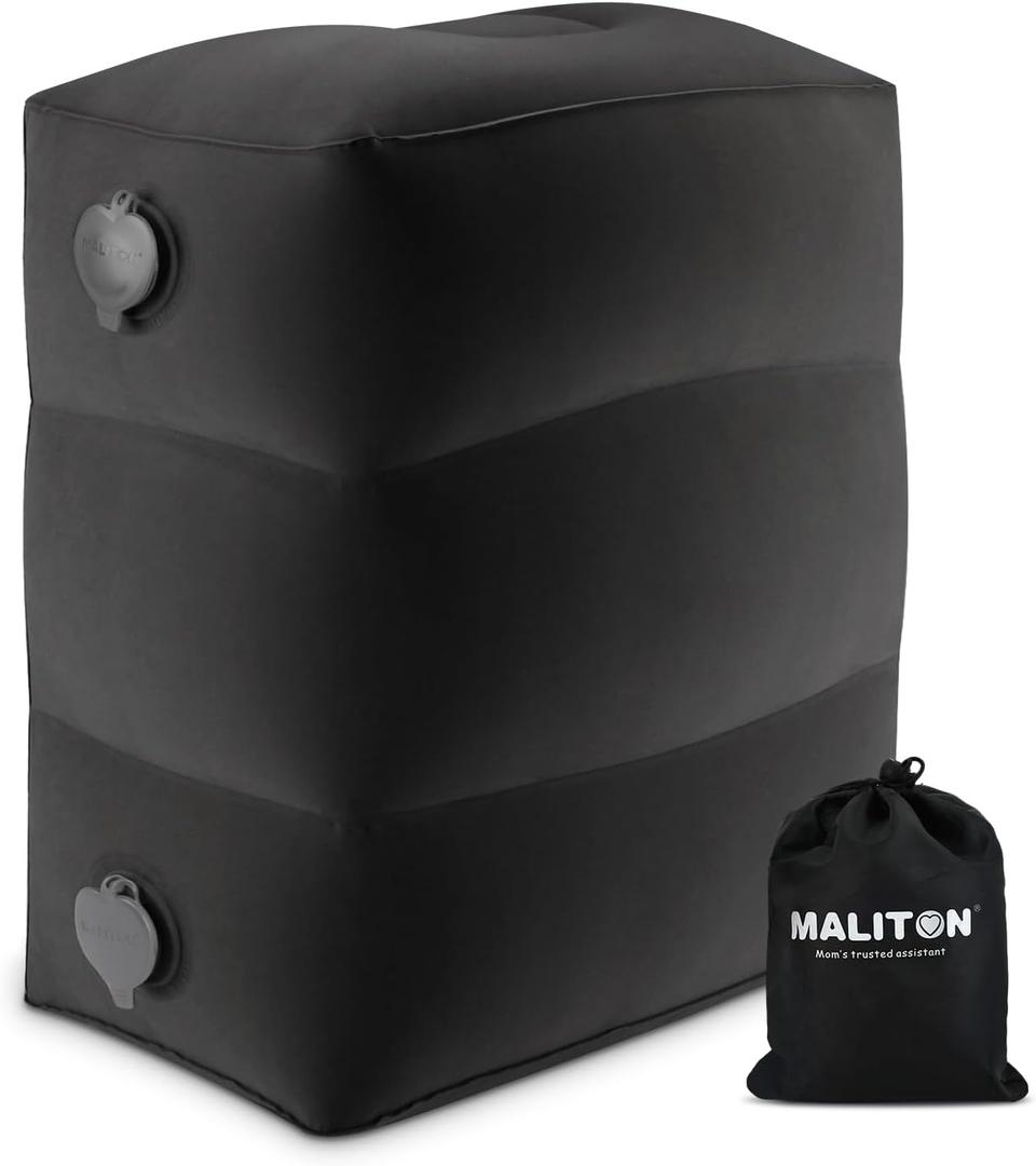 Maliton Inflatable Travel Foot Rest Pillow, Toddler Airplane Bed, Car Seat Foot Rest for Kids, Adjustable Height Leg Rest Pillow for Airplane, Home, Office(Black, 1 Pack)