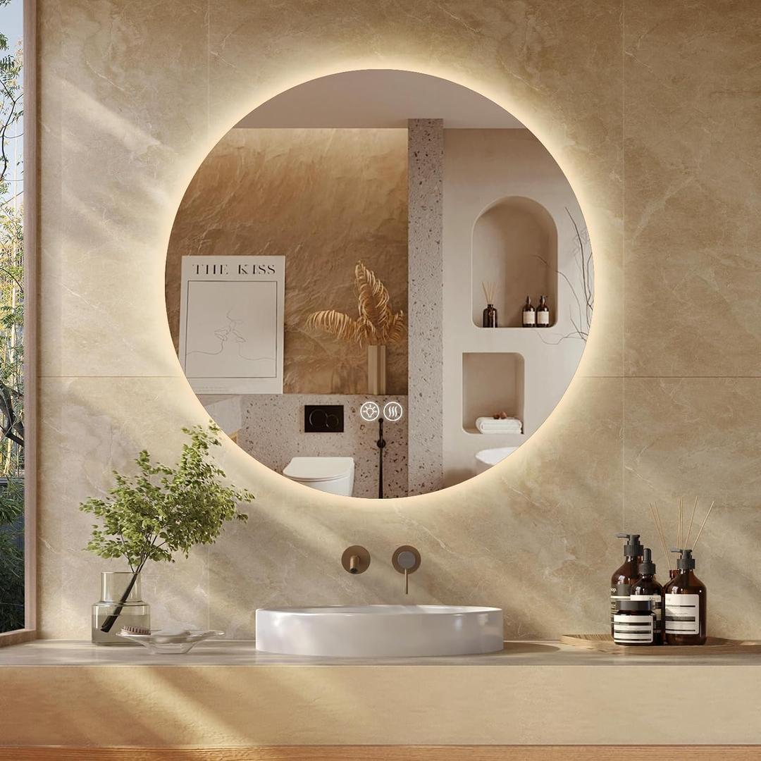32'' Round LED Bathroom Mirror with Lights, Circle Wall Mirror with 3 Colors Dimmable, Lighted Bathroom Vanity Mirror for Wall, Anti-Fog, Memory, Waterproof, Shatter-Proof