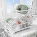Dish Drying Rack - Auto Draining Dish Rack for Kitchen Counter, Large Capacity Dish Drainers Organizer with Drainboard, 2-Tier Drying Rack with Utensil Holder White