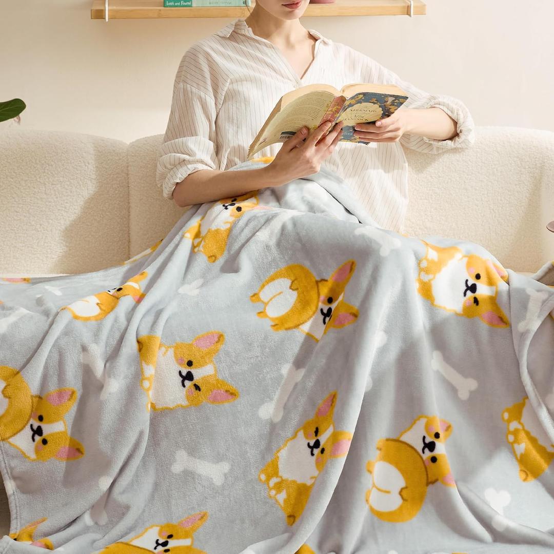Bedsure Cute Dog Blanket for Kids as Birthday Gifts - Corgi Gifts for Corgi Lovers Girls Boys Women Teens, Soft Cozy Home Decor Animal Pattern Blankets for Couch Sofa Bed Camping, Grey, 50x60
