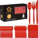 360 Pieces Red Plastic Cutlery Set Disposable Plastic Utensils Heavy Duty Flatware Set Include 120 Knives 120 Forks 120 Spoons for Wedding Birthday Party Supply