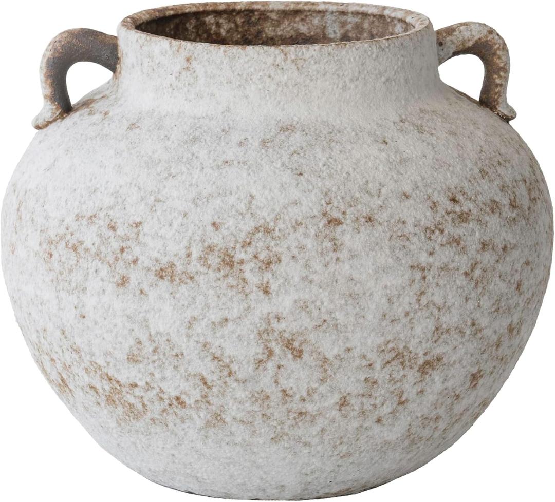 Rustic Farmhouse Textured Ceramic Vase with Two Handles, Distressed White Pottery Flower Vase for Centerpiece, Decorative Vases for Living Room, Kitchen, Table Top Decor, Gift & Weddings (Short)