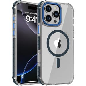 DEERLAMN Strong Magnetic Case for iPhone 16 Pro Max 6.9-Inch,[Compatible with Magsafe][Military Grade Drop Protection] Clear Slim Shockproof Protective Phone Cover-Transparent+Blue