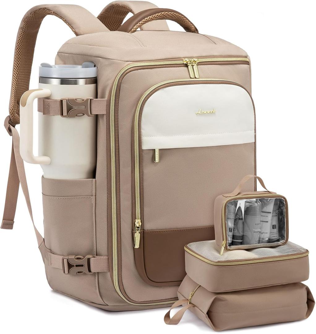 LOVEVOOK 40L Travel Backpack for Women, TSA Approved Carry On Backpack with 3 Packing Cubes, Personal Item Bag Fits 17" Laptop, Water-resistant Carry On Bag for Airplanes (Beige & Khaki)