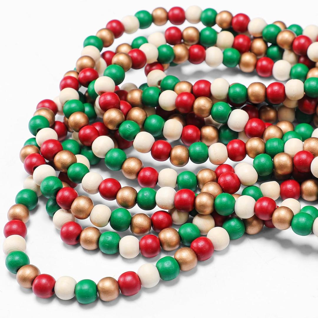 WILLBOND 16 Feet Christmas Wood Bead Garland Wooden Bead Garland for Christmas Tree Holiday Decoration (Classic Color)