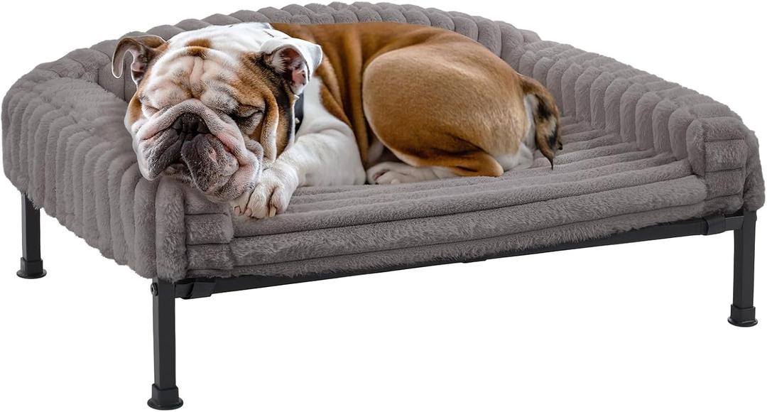 Veehoo Elevated Dog Bed with Bolster Cushion, Fluffy Plush Dog Couch Beds for Small Dogs, Cats, Washable Raised Pet Cot with Non-Slip Feet for Indoor or Patios Use, 36 x 28 Inches, Grey