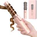 Cordless Curling Iron Rechargeable, 3-in-1 Portable Hair Curler Straightener Brush, 7000mAh with 4 Temps, Anti-Scald & Anti-Frizz Mini Curling Wand for Travel Styling (Pink)