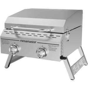 Megamaster 2-Burner Stainless Steel Portable Gas Grill with Built-In Lid, 16,000 BTUs, Foldable Legs, Small Propane Grill for Outdoor Cooking, Camping, Tailgating, Patios, and More - 820-0033M