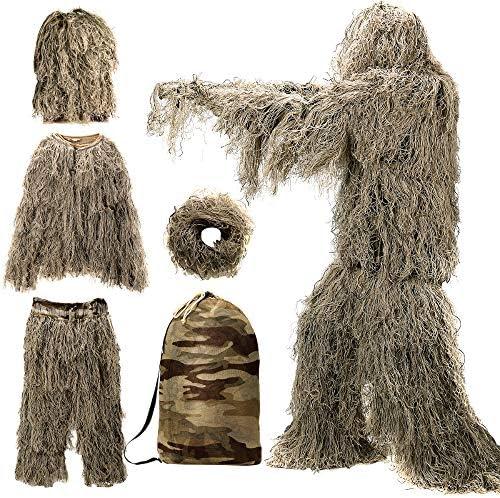 DoCred 5 in 1 Ghillie Suit, 3D Camouflage Hunting Apparel w/Jacket, Pants, Hood, Carry Bag, S/M