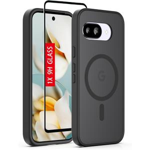 for Google Pixel-9a Case: Translucent Matte Magnetic Phone Cover, Military-Grade Shockproof with Screen Protector, for MagSafe, Anti-Fingerprint & Reinforced Bumpers - Onyx Black