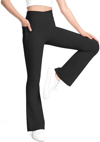 KEREDA Girls Flare Leggings High Waist V Cross Bootcut Yoga Pants Bell Bottoms for Girls with Pockets Black 11-12 Years
