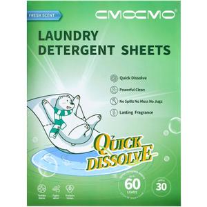 2 x Laundry Detergent Sheets, Ultra Concentrated Rapid-Dissolve Laundry Soap Sheets, Zero Residue, Plant-Based Stain Remover Plastic-Free Laundry Strips, Fresh Scent, 30 Count (Pack of 1)