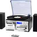 10 in 1 Record Player with External Speakers, 3 SpeedTurntable with AM/FM Radio, CD & Cassette Player, Bluetooth, USB/SD Playback, Remote Control, Black