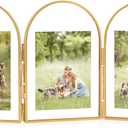 Gold Floating Frame, Arched 8"×10" Triple Gold Folding Picture Frames, Vintage Brass Glass Picture Frames for Artwork Photo Tabletop Display