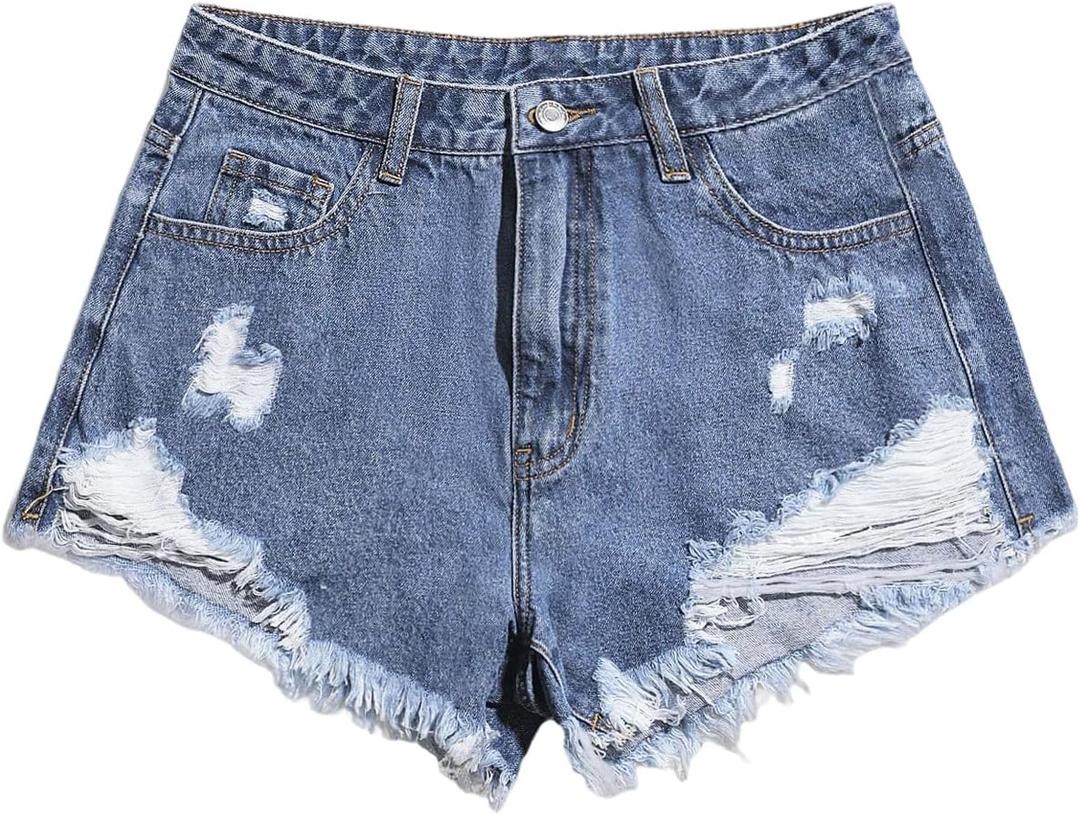 SOLY HUX Women's Ripped Raw Hem Jean Shorts High Waisted Denim Shorts | Straight Leg, Streetwear, Summer Outfit M