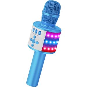 BONAOK Karaoke Microphone for Kids & Adults  Bluetooth Microphones Singing Mic with Disco Lights, Echo Effect, Builtin Speaker Portable Karaoke Player for Party Travel Gifts Q78(Ice Blue)