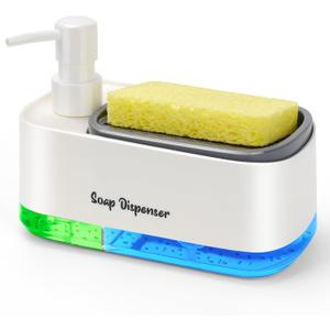 Hand and Dish Soap Dispenser Set for Kitchen, Dual Soap Dispenser with Sponge Holder, 3-in-1 Countertop Soap Pump Dispenser for Kitchen Sink, Useful Kitchen Gadgets - White