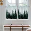 Pine Tree Forest Kitchen Curtain 24 Inch Length Small Short Cafe Tiers Curtains Drape, 2 Panel Window Treatment Rod Pocket Drapery Panels Curtains, Green Landscape Nature Decor 55x24