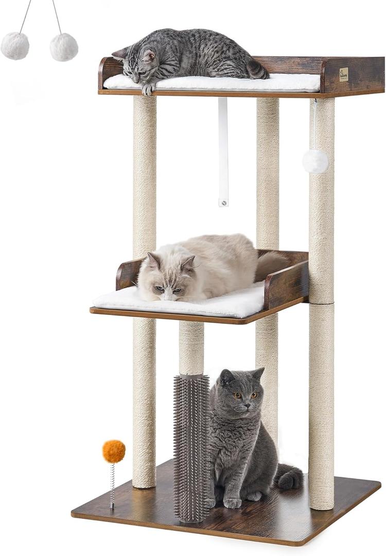 FourFurPets 43.7" Cat Tree, Modern Cat Tree Tower, Cat Tower for Indoor Cats Large Adult, Big Cat Tree with Scratching Post, Wooden Cat Tree with Large Perch, Cat Condo for Adult cat, Rustic Brown