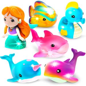 Tub Works Mermaid Lagoon Light Up Bath Toys, 6 Pack | Water-Activated Light Up Toys Flash & Change Color | Easy-Grip Baby Girl & Toddler Bath Toys | Sensory Mermaid Toy Bathtub Toys with Bath Lights