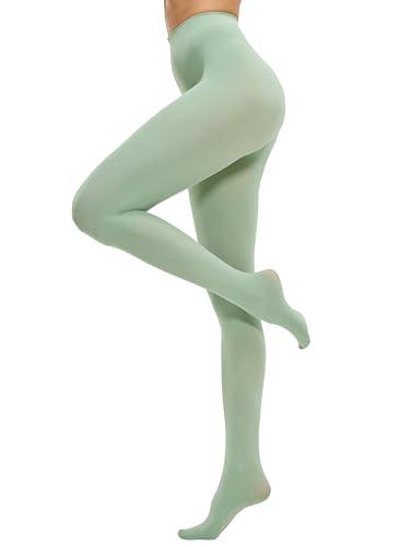 CozyWow Women's 80D Soft Opaque Tights, High Waist Solid Color Womens Tights (Large-X-Large, Light Green)