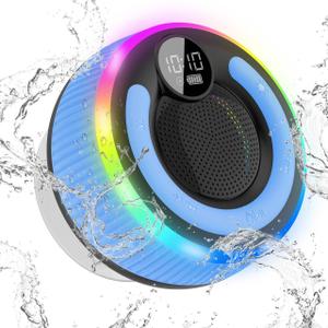 Bluetooth Speaker, HD Stereo Sound Shower Speaker, IPX7 Waterproof, Digital Display Portable Speaker with Suction Cup, LED Light, Small Wireless Speakers for Outdoor Party Beach Bathroom, Blue