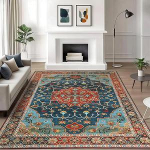 WILLSUN Washable Area Rugs, 6x9 Non-Slip Boho Large Area Rugs for Living Room, Bedroom, Machine Washable Vintage Rug, Indoor Floral Print Carpet for Home Decor, Kid & Pet Friendly Mat