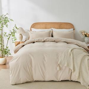 OAITE 100% Washed Cotton Duvet Cover Queen Size Soft Breathable Durable Bedding with Zipper Closure & 8 Corner Ties- 3 Pieces Plain Simple Duvet Cover Set,2 Pillow Shams,1 Duvet Cover(90"x90")