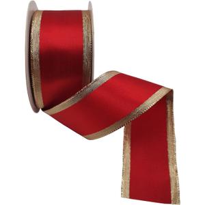 Red Wired Satin Ribbon Double Sided with Gold Lame Edges,1.5 Inch X 10 Yards (N2006)