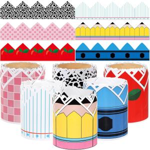 6 Rolls 98.4ft Back to School Bulletin Board Borders Pencil Apple Crayon Checkered Scalloped Border Trim Composition Notebook Classroom Decor for First Day of School Party Home Chalkboard Wall Decor