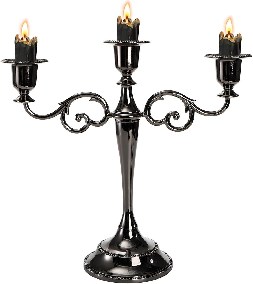 YOUEON 3 Arm Black Candelabra, Candelabra Candle Holder, 10 Inch Tall Candlesticks Holder, Elegant Taper Candle Holder Centerpiece for Wedding, Church, Halloween, Dining, Home Decor