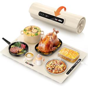 Food Warming Mat 24x16 Inches, Electric Warming Tray with 7 Temps, Foldable Food Warmer for Parties, Buffets, Family Gatherings, Holiday & Sabbath, Child Lock, Heating Mat for Food, Beige