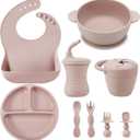 PandaEar Silicone Baby Feeding Set | 9PCS Baby Led Weaning Supplies Self Feeding Utensils | Divided Suction Plate Bowl Bibs Sippy Cup with Baby Snack Container Spoons Forks (Pink)