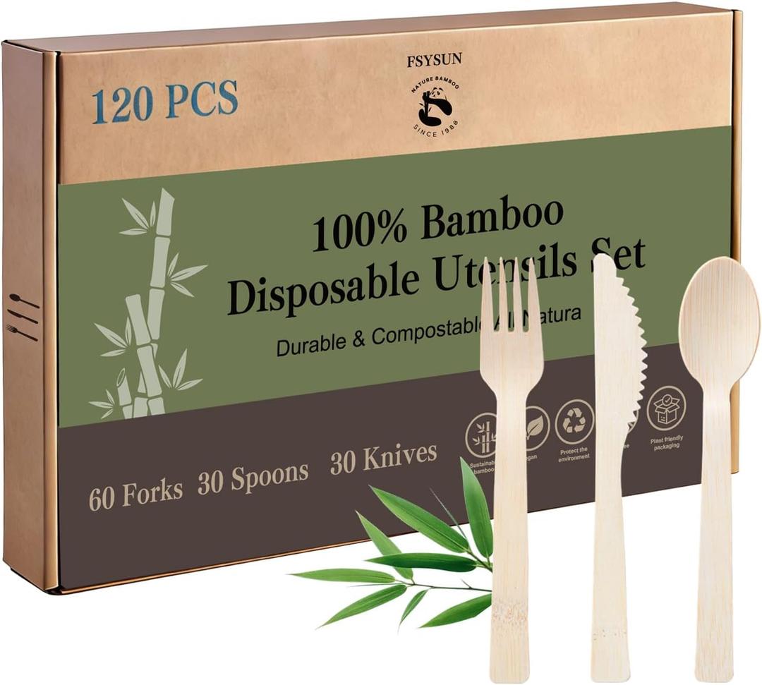 100% Bamboo Cutlery Set Disposable Compostable Utensils With Forks, Spoons And Knives - Eco-Friendly Biodegradable Party Cutlery (120 Assorted Set)