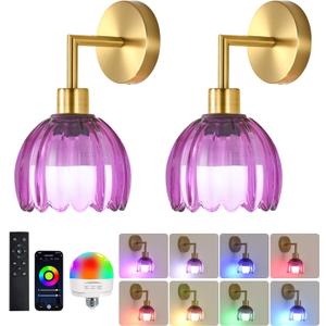Battery Operated Wall Sconce Vintage Wall Lamp with Glass Lampshade,Wireless Wall Sconces Set of Two Rechargeable Battery Powered Wall Lights with Remote Control for Bedroom Living Room (WD-B8BE-GY0P)