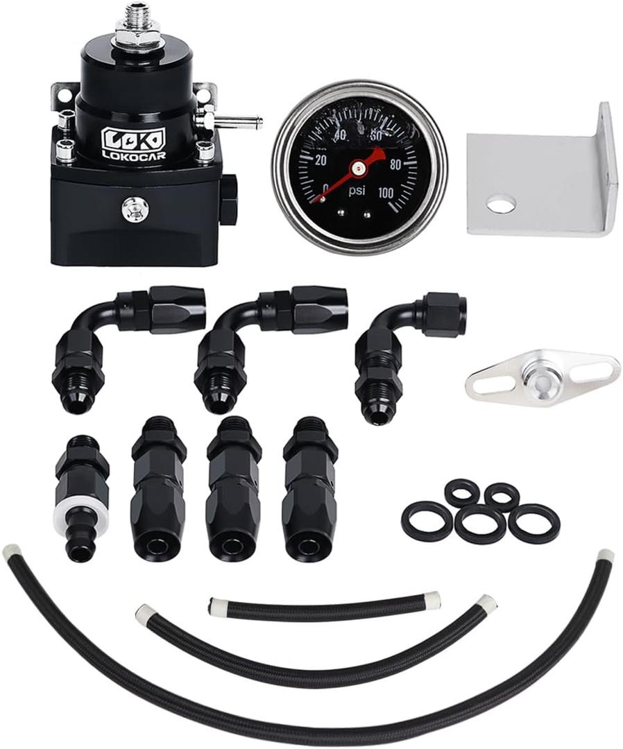 LokoCar Adjustable Fuel Pressure Regulator Kit Oil 20-80psi Gauge 6AN Return Adjustable Black