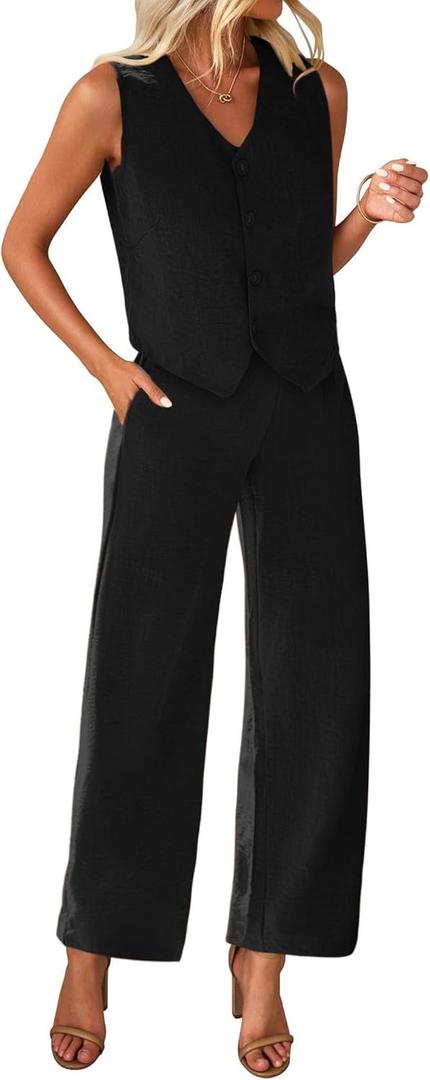 KIRUNDO Womens Two Piece Outfits Summer Fashion Button V Neck Crop Vest Blazer and Wide Leg Pants Suit Matching Sets (X-Small, Black)