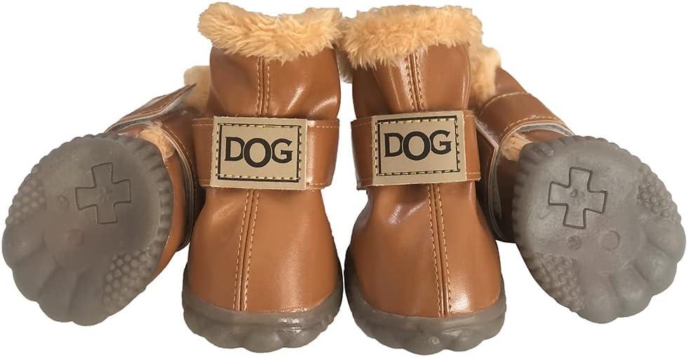 Winter Dog Boots & Paw Protectors: Outdoor Anti-Slip Dog Snow Shoes, Dog Booties Provide Warmth to Dogs Paws from Ice and Snow, Rubber Sole PU Leather Faux Fleece-Lined, Light Brown Dog Shoes Size 8