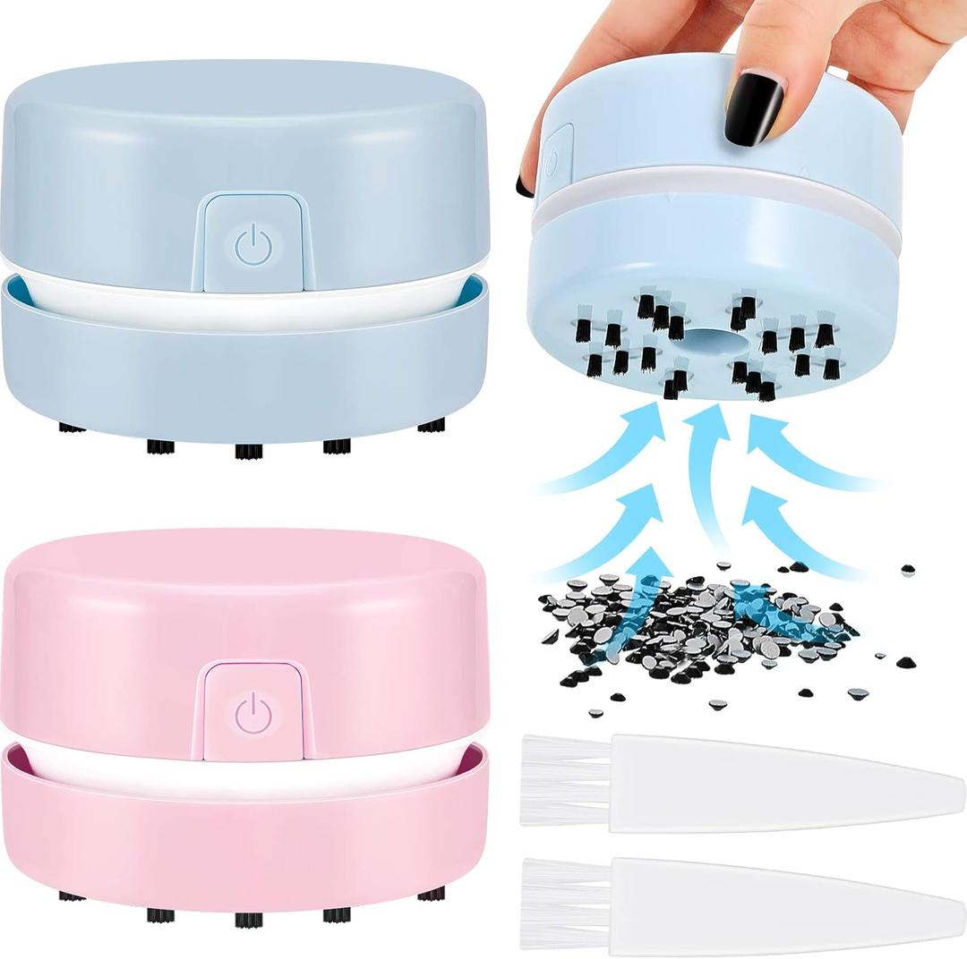 Honoson 2 Pcs Diamond Painting Tool Drill Quicker Picker for Spilled Diamonds 5d Painting Accessories Vacuum Cleaner Mini Table Desktop Sweeper Organizer Clean Art Beads Crumb (Pink, Blue)