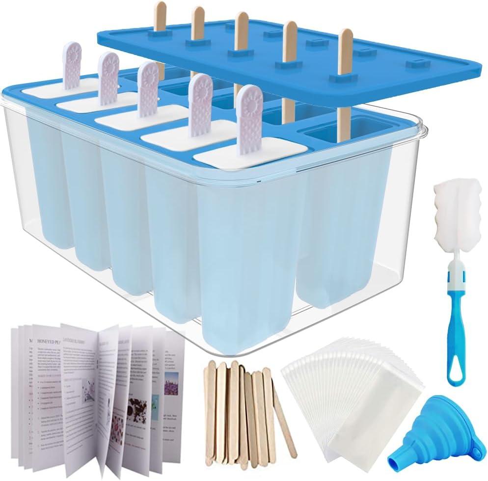 Miaowoof Homemade Popsicle Molds, 10-Cav Non-BPA Silicone Ice Pop Maker, with 50 Sticks, 50 Bags, 10 Reusable Sticks, Funnel, Brush and Ice Pop Recipe (Blue+Bin)