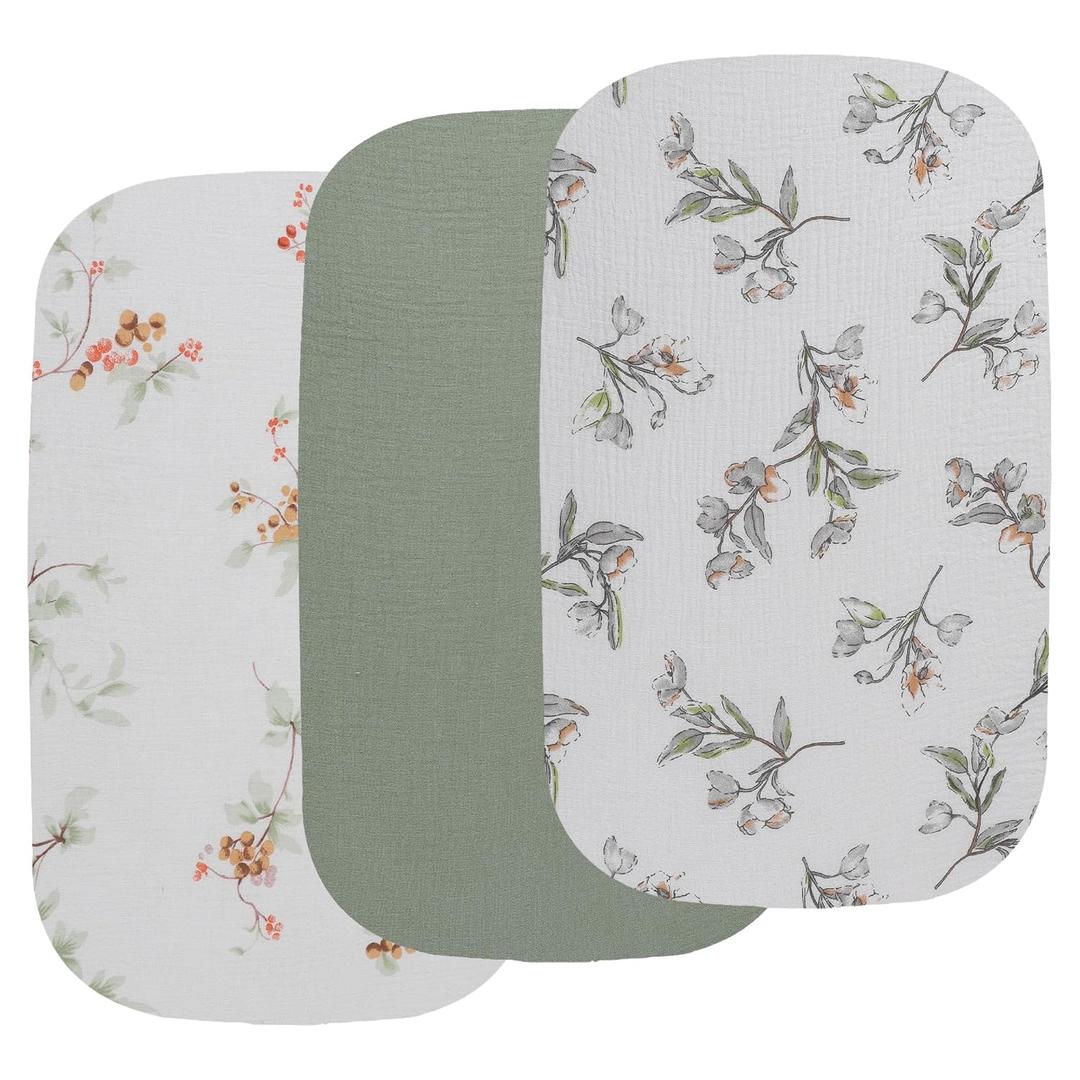 Onacosht Muslin Bassinet Sheets 3 Pack, 100% Cotton Baby Sheet 35" X 20" Compatiable with AMKE 3 in 1 Bassinets, MiClassic, Uiuwoo, Foalom, YADAQE, Milliard and TCBunny Bassinet, Green and Botanical