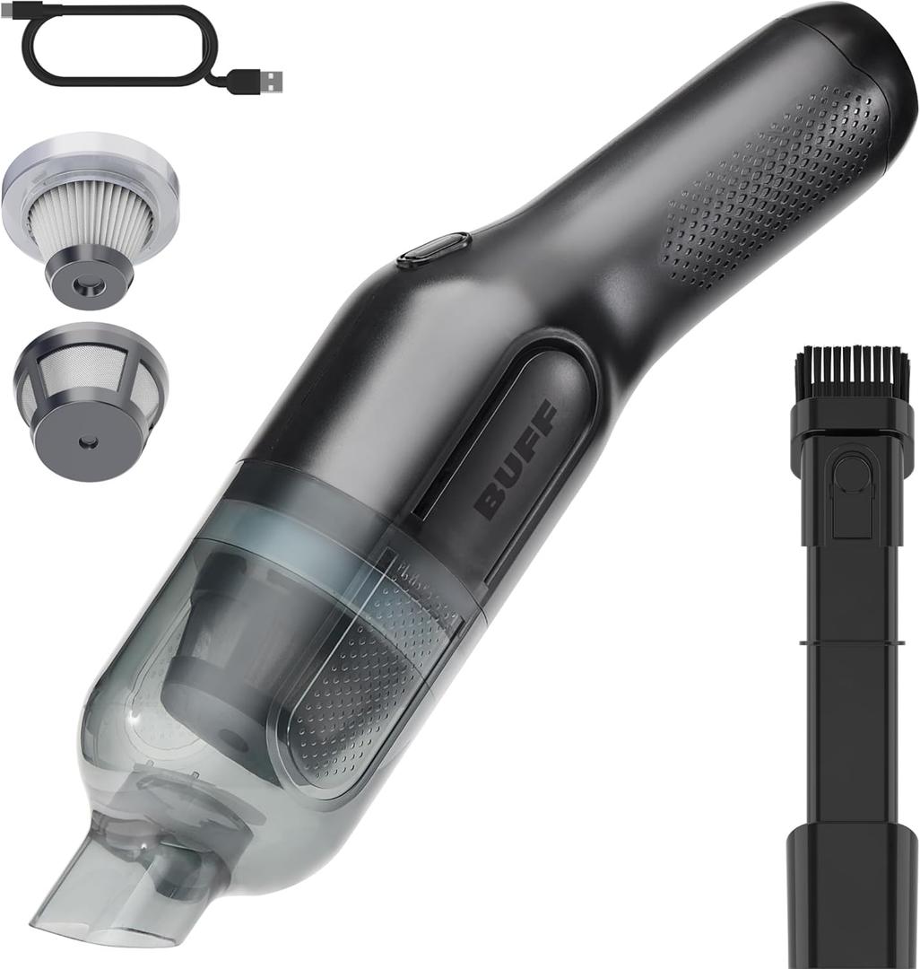 BUFF Cordless Handheld Vacuum, Rechargeable Car Vacuum Cleaner with Combo Crevice and Brush Tool Included, for Home, Office, Car, Pets - Black
