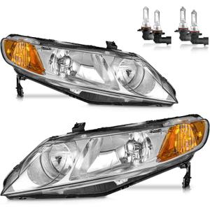 Headlights W/Bulbs for 2006-2011 Honda Civic 4-Door Halogen Headlamp Replacement Driver & Passenger Side (NOT fit 2-Door)