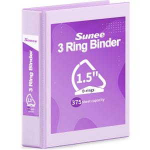 SUNEE 3 Ring Binder 1.5 Inch D Ring, Clear View Binder Three Ring PVC-Free (Fit 8.5x11 Inches) for School or Office Supplies, Light Purple, 1 Pack