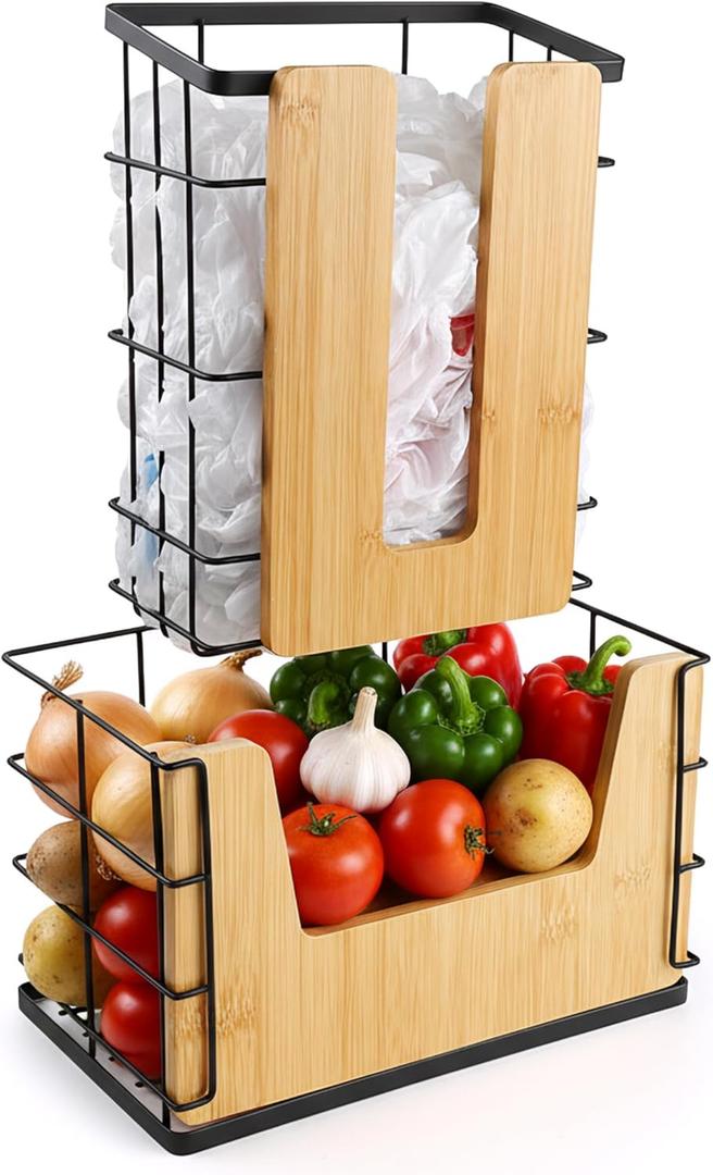 2-Pack Trash Bag Dispenser and Grocery Bag Holder - 2 In 1 Bamboo Plastic Bag Holder Under Sink- Adjustable Wall Mounted Design for Kitchen Cabinet, Pantry, Laundry Room Organization