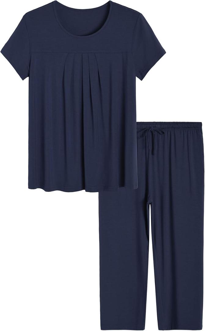 Latuza Women’s Pajamas Pleated Loungewear Top and Capris Pjs Set M Navy
