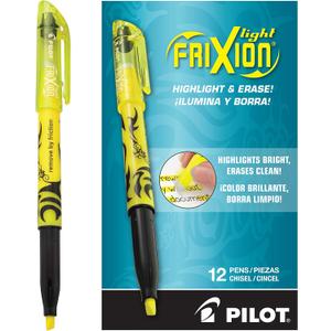 Pilot FriXion Light Erasable Highlighters, Chisel Tip, Pack of 12, Yellow Solid Highlighters - Ideal for School, Journaling, and Office Use