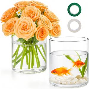TBWIND 2Pcs Glass Cylinder Vases for Centerpieces, 6" x 4.7" Wide Mouth Flower Vase Hurricane Glass Candle Holders, Clear Vases Bulk with 2 Floral Tapes for Floating Candles Wedding Party Home Decor