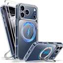 Magnetic for iPhone 17 Pro Case Non-Yellowing [2 x Screen Protector] Compatible with MagSafe Military Grade 17 FT Drop Shockproof Full Camera Protection 360° Spin Stand Phone Cover Clear