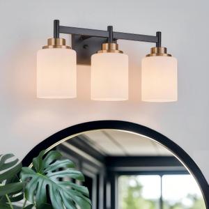 18-Inch Bathroom Vanity Light, 3-Light Black Gold Wall Sconce with White Glass Shades, Modern Hardwired Vanity Lighting Fixture